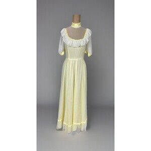 Vintage 70s Boho Prairie Victorian Yellow Lace Festival Maxi Dress Women’s XS